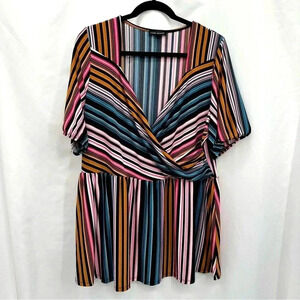 Lane Bryant Womens Stripe Top 18/20 Tan Black White Short Sleeve Crisscross